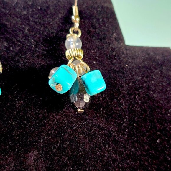 Boho Dangle Earrings Turquoise Color Acrylic Beads Black Clear Cluster Southwest - Picture 2 of 7